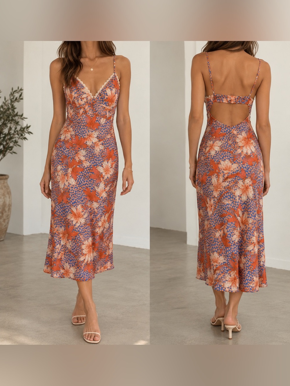 Monteau Los Angeles Floral Lace Trim Slip Midi Dress Size L